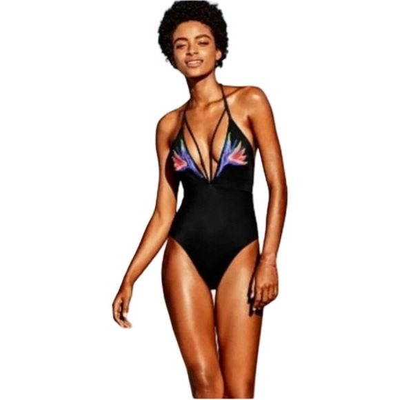 PINK Victoria's Secret Black and Pink Swimwear Embroidered One Piece Medium - Picture 3 of 12